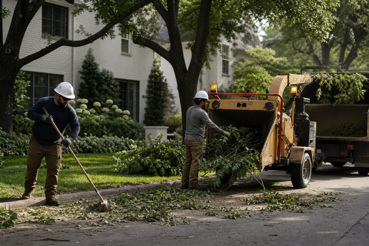 Tree service crew cleaning branches from a completed work area