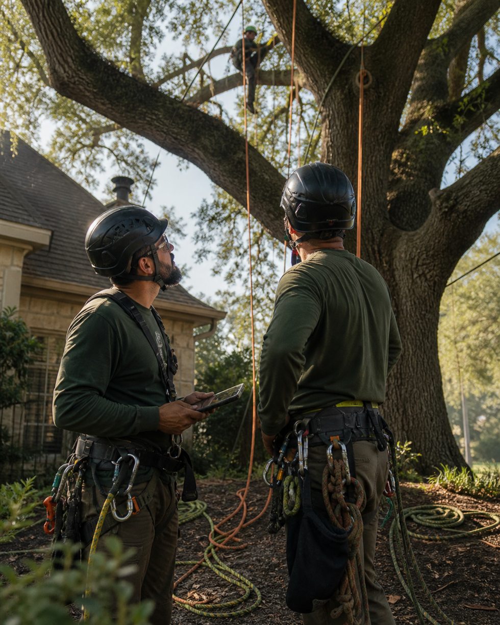 Arborist crew reviewing a rigging plan beneath a mature tree