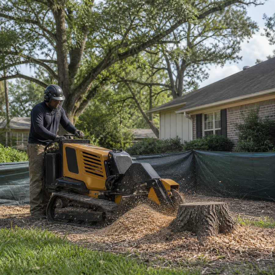 Tree service operator grinding a stump